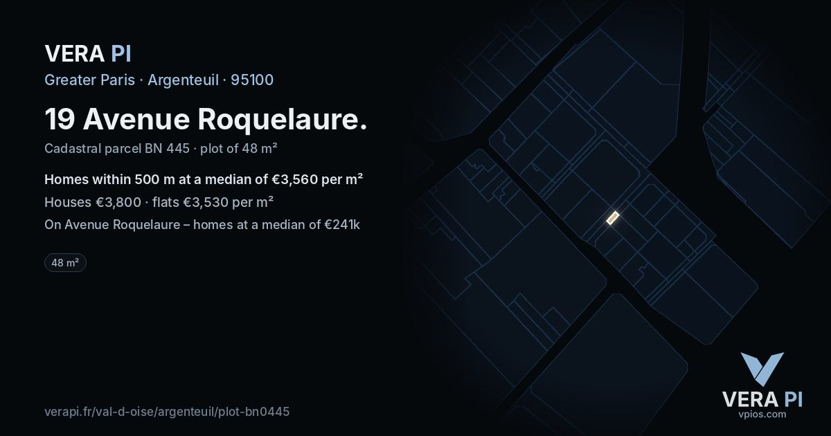 19 Avenue Roquelaure, Argenteuil at night – the plot lit, the parcels around coloured by the prices near them