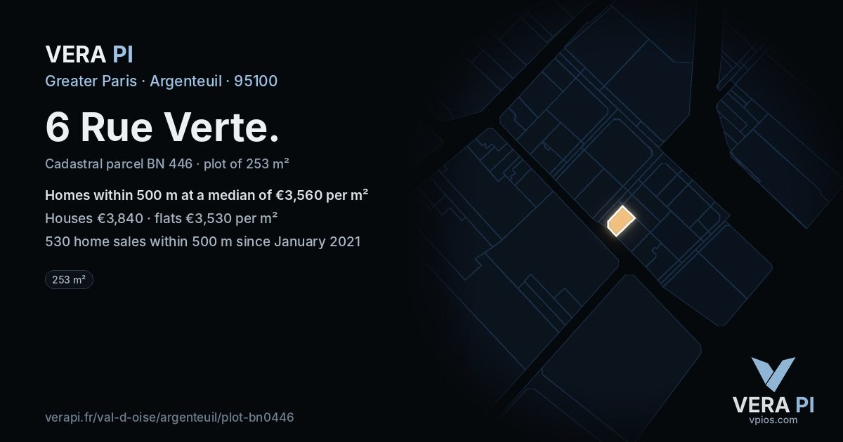 6 Rue Verte, Argenteuil at night – the plot lit, the parcels around coloured by the prices near them