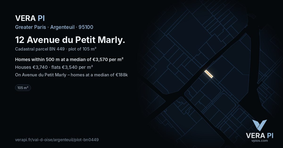 12 Avenue du Petit Marly, Argenteuil at night – the plot lit, the parcels around coloured by the prices near them