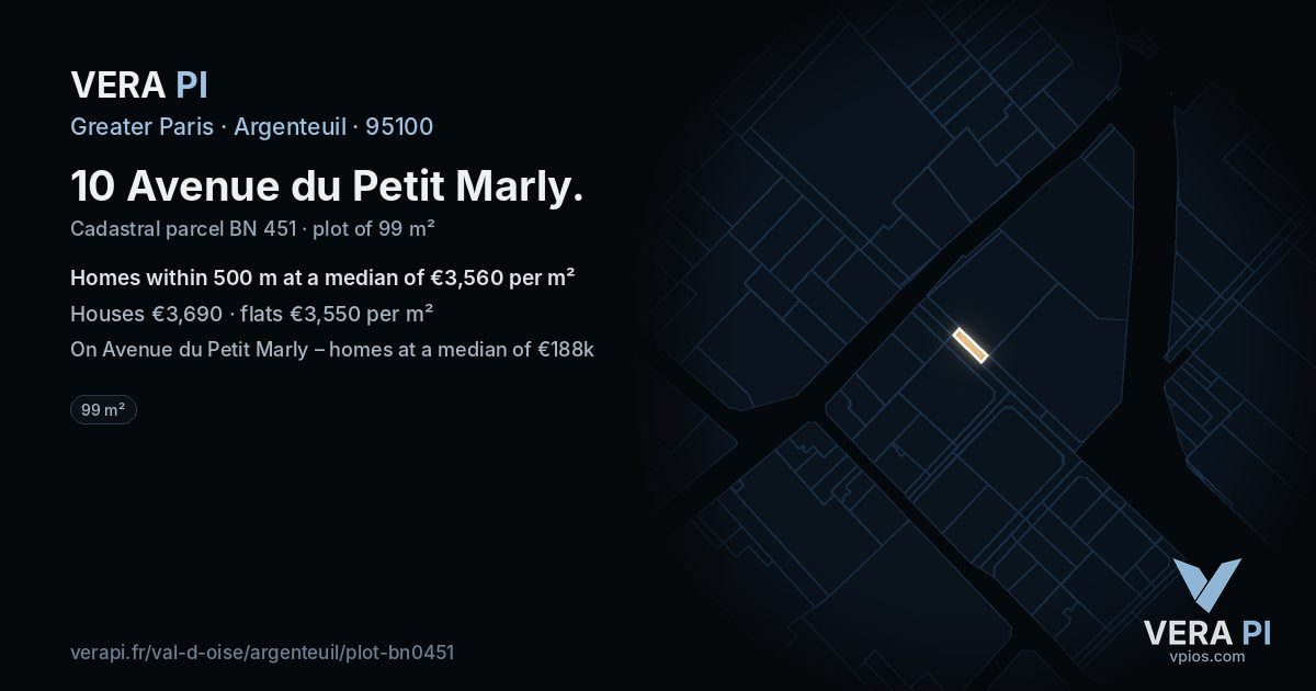 10 Avenue du Petit Marly, Argenteuil at night – the plot lit, the parcels around coloured by the prices near them