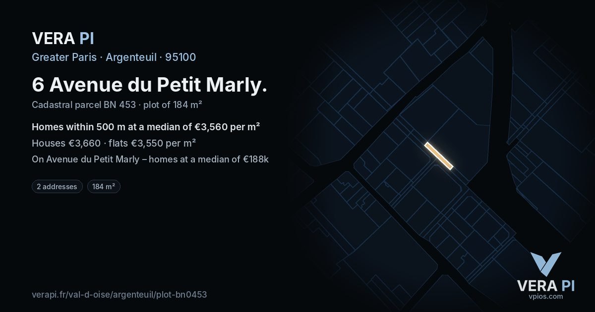 6 Avenue du Petit Marly, Argenteuil at night – the plot lit, the parcels around coloured by the prices near them