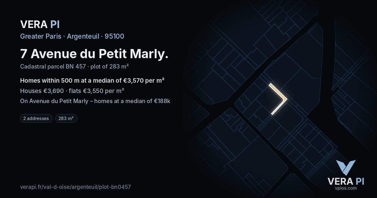7 Avenue du Petit Marly, Argenteuil at night – the plot lit, the parcels around coloured by the prices near them