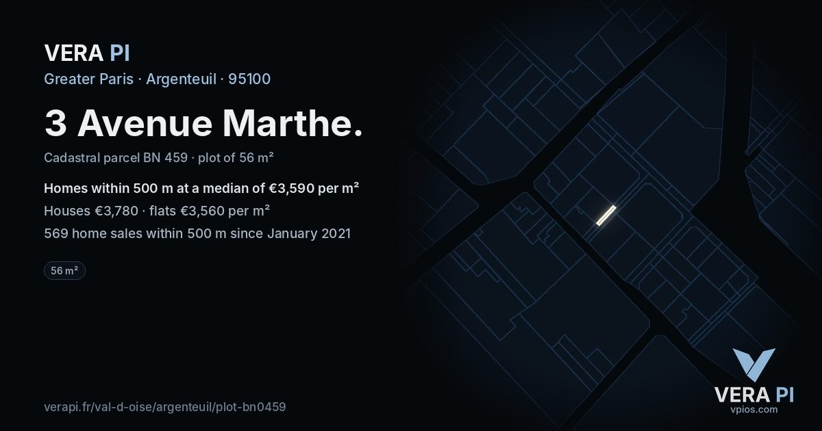 3 Avenue Marthe, Argenteuil at night – the plot lit, the parcels around coloured by the prices near them