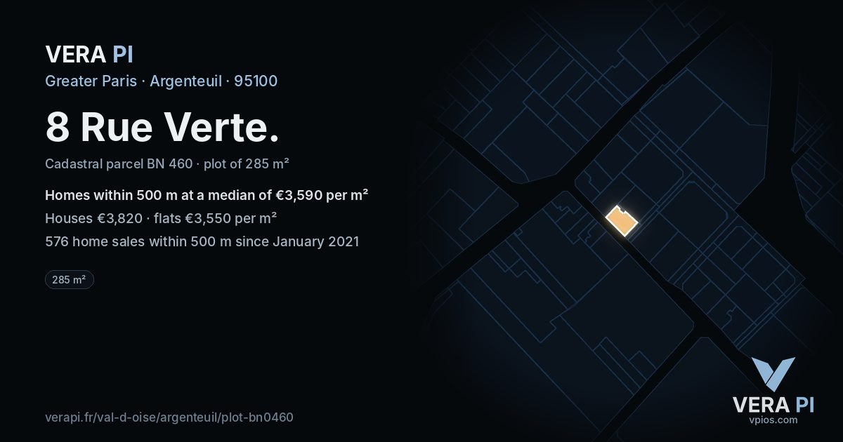 8 Rue Verte, Argenteuil at night – the plot lit, the parcels around coloured by the prices near them