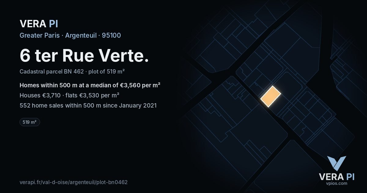6 ter Rue Verte, Argenteuil at night – the plot lit, the parcels around coloured by the prices near them