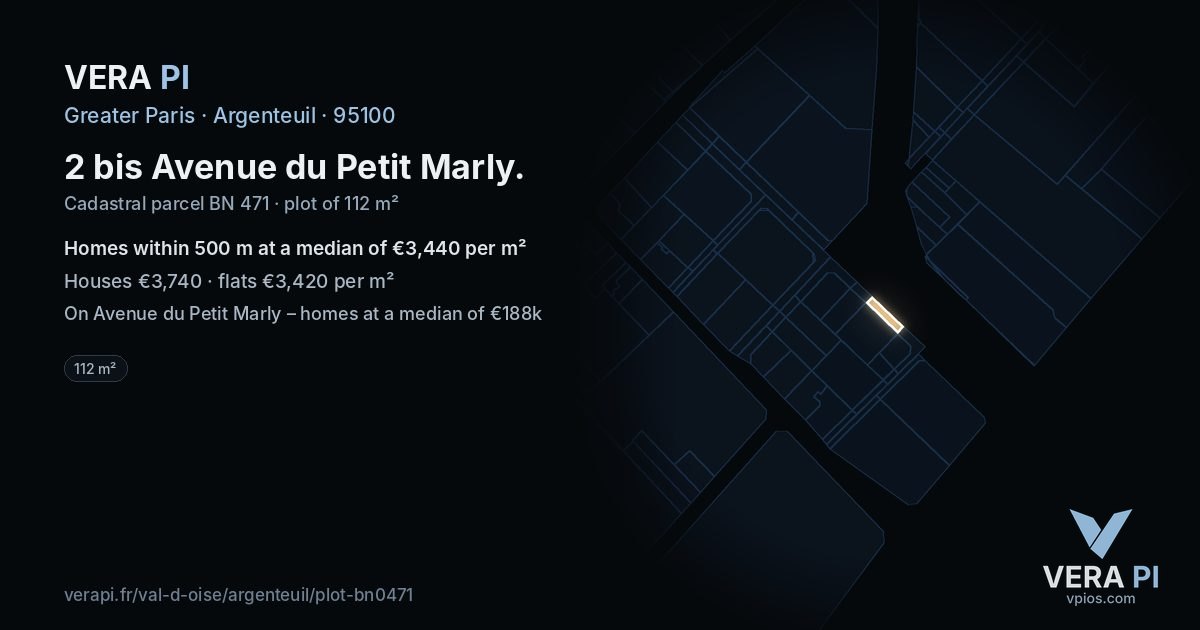 2 bis Avenue du Petit Marly, Argenteuil at night – the plot lit, the parcels around coloured by the prices near them