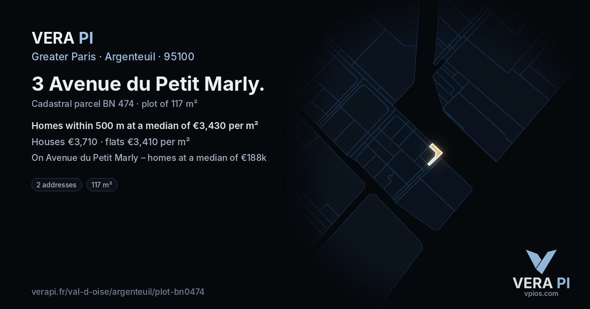 3 Avenue du Petit Marly, Argenteuil at night – the plot lit, the parcels around coloured by the prices near them