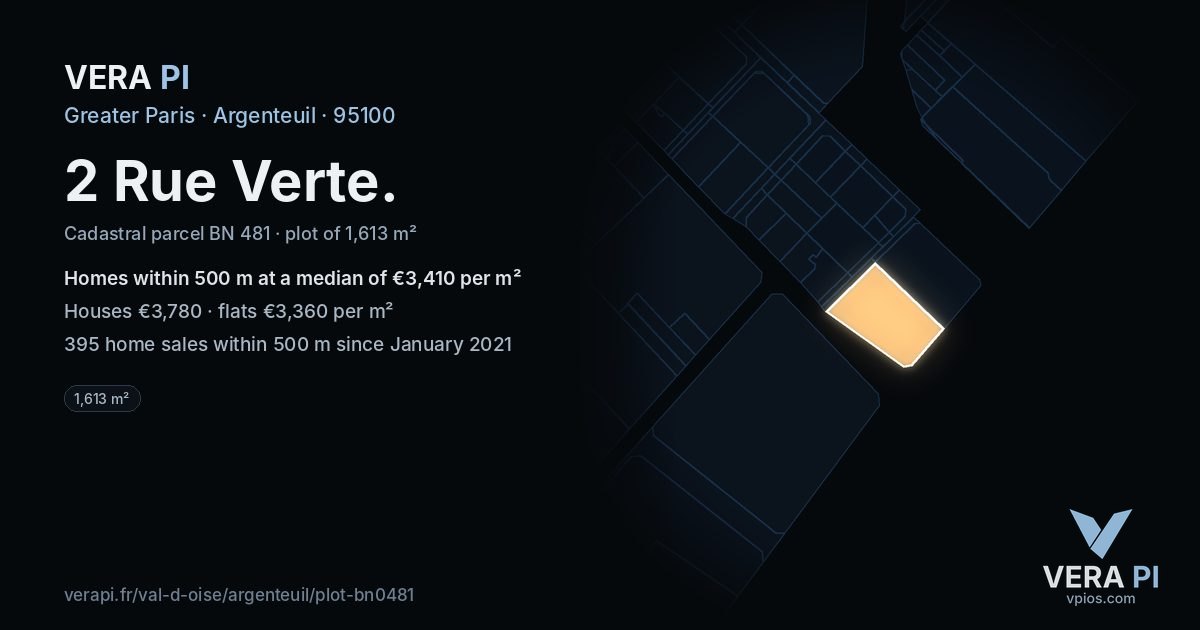 2 Rue Verte, Argenteuil at night – the plot lit, the parcels around coloured by the prices near them
