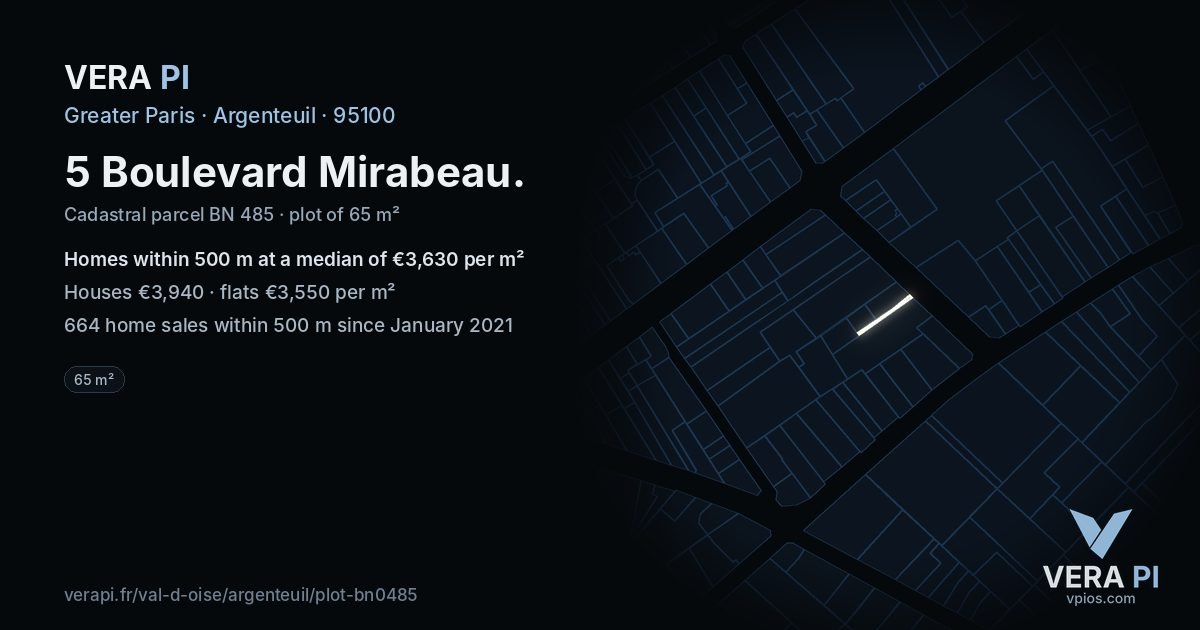 5 Boulevard Mirabeau, Argenteuil at night – the plot lit, the parcels around coloured by the prices near them