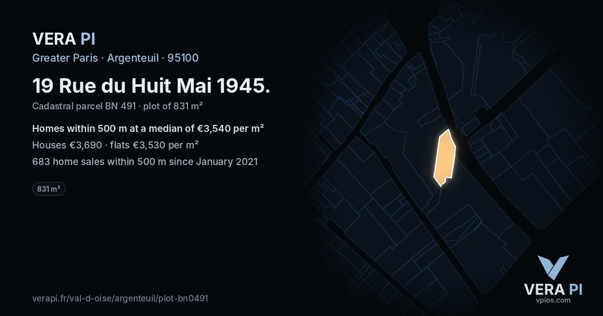 19 Rue du Huit Mai 1945, Argenteuil at night – the plot lit, the parcels around coloured by the prices near them