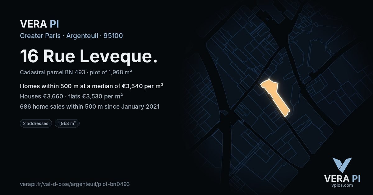 16 Rue Leveque, Argenteuil at night – the plot lit, the parcels around coloured by the prices near them