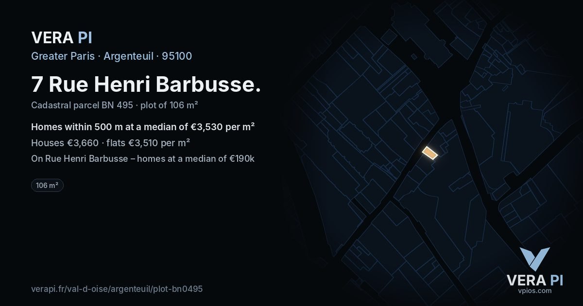 7 Rue Henri Barbusse, Argenteuil at night – the plot lit, the parcels around coloured by the prices near them