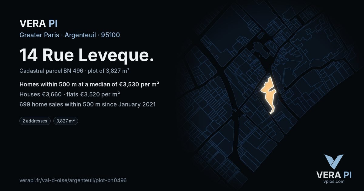 14 Rue Leveque, Argenteuil at night – the plot lit, the parcels around coloured by the prices near them