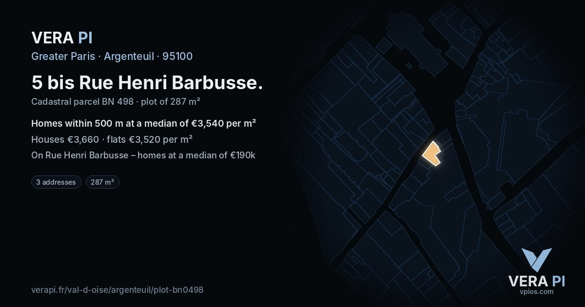 5 bis Rue Henri Barbusse, Argenteuil at night – the plot lit, the parcels around coloured by the prices near them