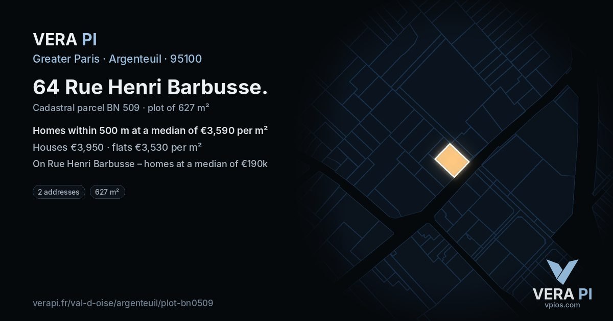 64 Rue Henri Barbusse, Argenteuil at night – the plot lit, the parcels around coloured by the prices near them