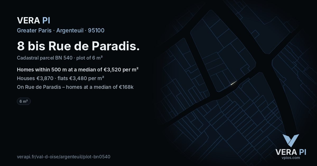8 bis Rue de Paradis, Argenteuil at night – the plot lit, the parcels around coloured by the prices near them