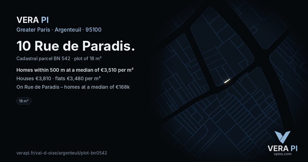 10 Rue de Paradis, Argenteuil at night – the plot lit, the parcels around coloured by the prices near them