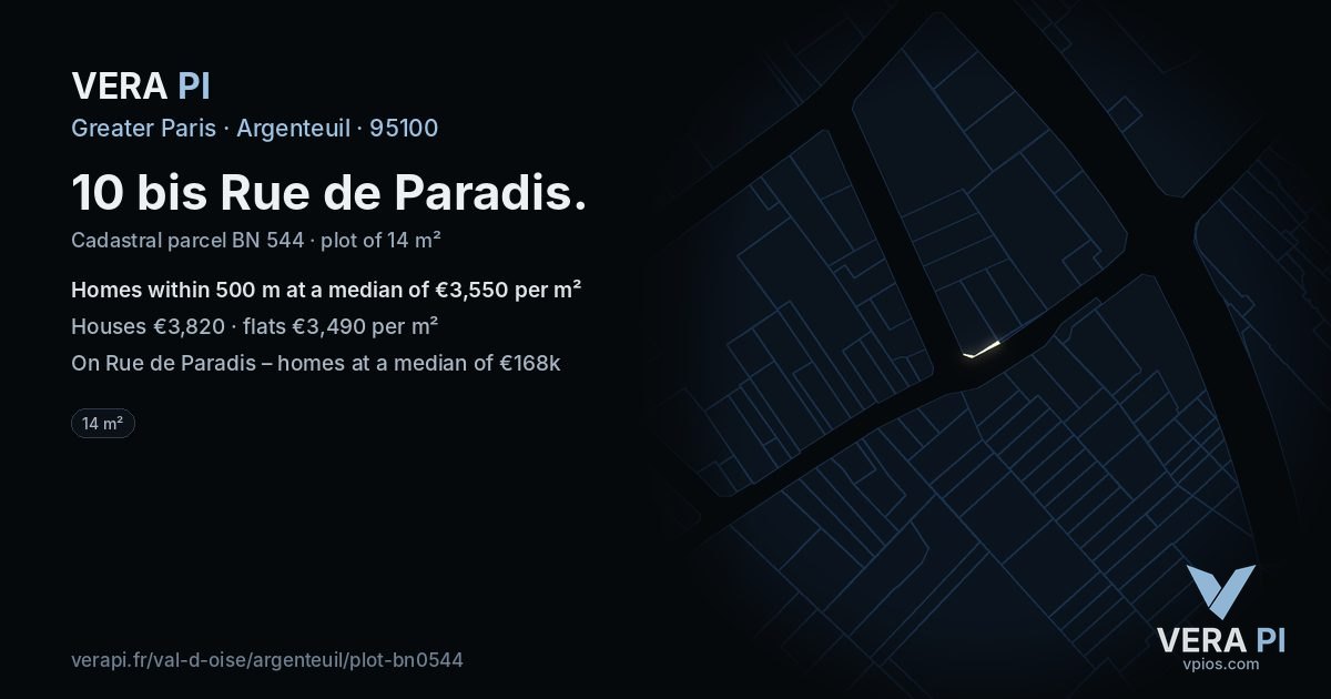 10 bis Rue de Paradis, Argenteuil at night – the plot lit, the parcels around coloured by the prices near them