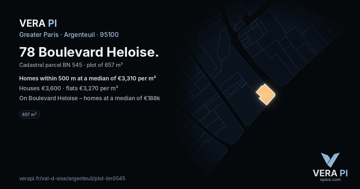 78 Boulevard Heloise, Argenteuil at night – the plot lit, the parcels around coloured by the prices near them