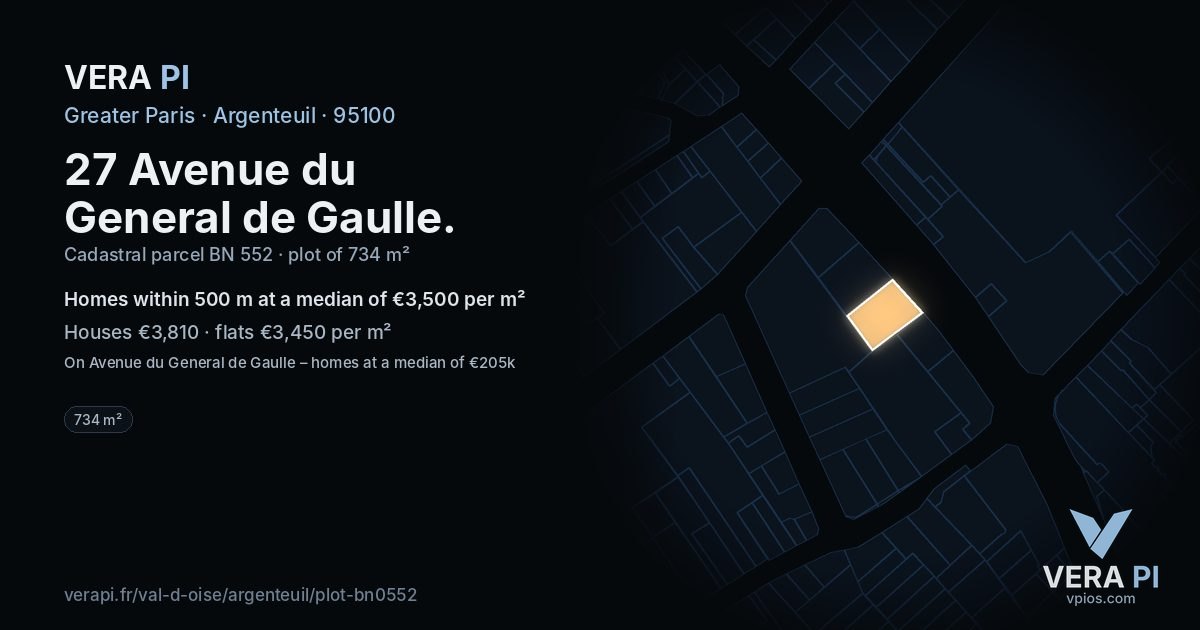 27 Avenue du General de Gaulle, Argenteuil at night – the plot lit, the parcels around coloured by the prices near them