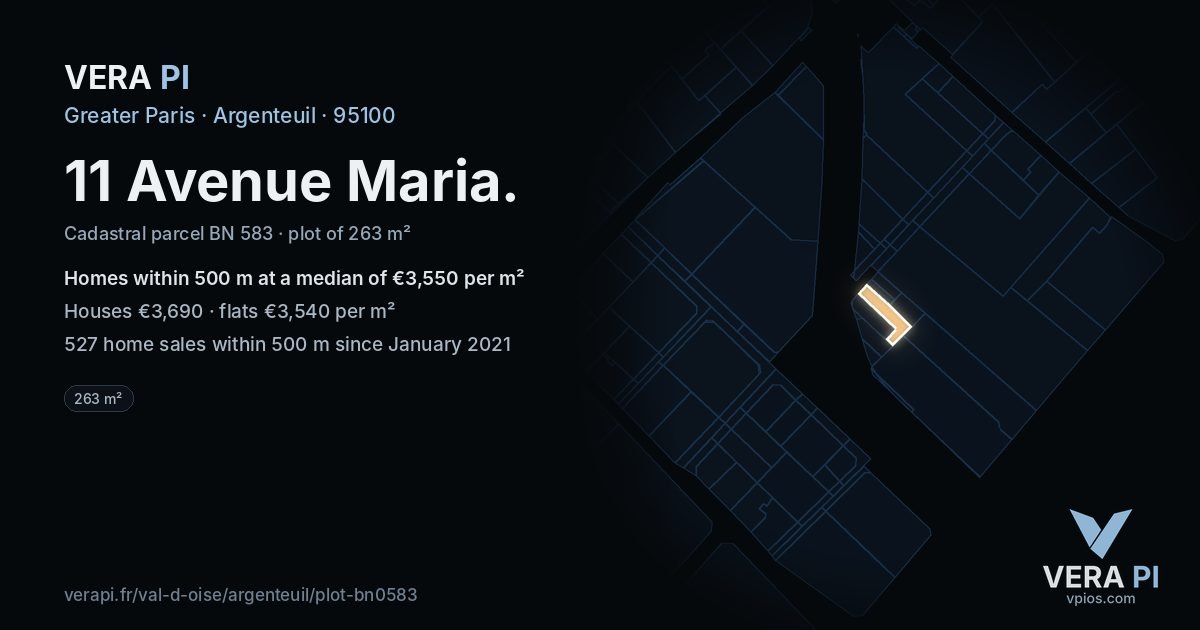 11 Avenue Maria, Argenteuil at night – the plot lit, the parcels around coloured by the prices near them