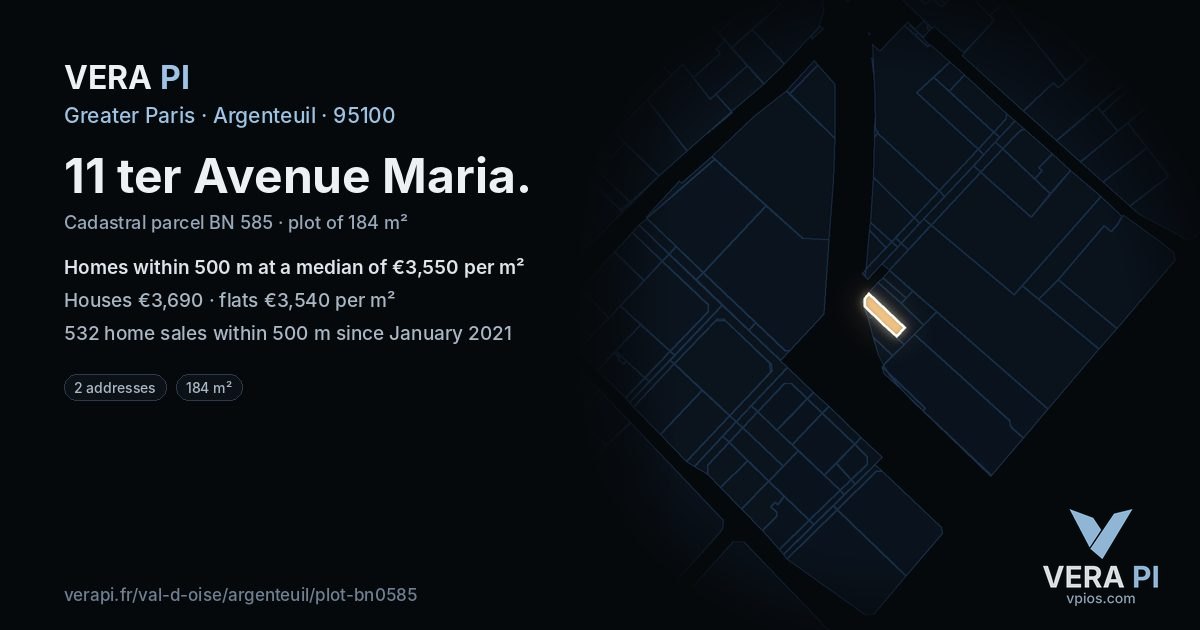 11 ter Avenue Maria, Argenteuil at night – the plot lit, the parcels around coloured by the prices near them