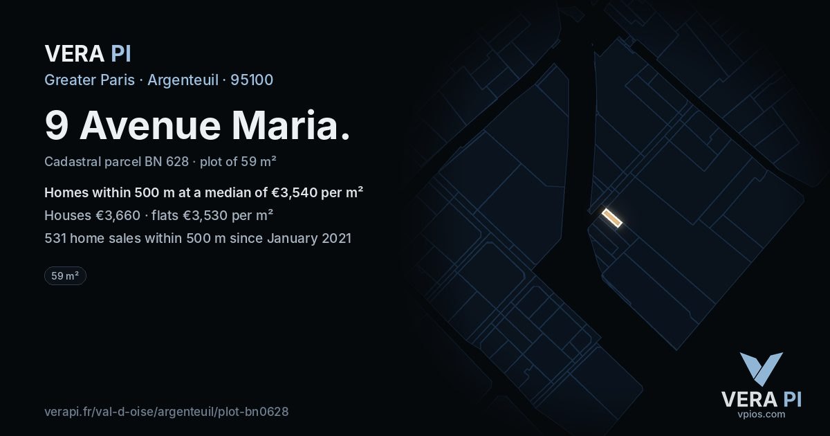 9 Avenue Maria, Argenteuil at night – the plot lit, the parcels around coloured by the prices near them