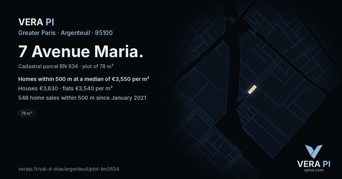 7 Avenue Maria, Argenteuil at night – the plot lit, the parcels around coloured by the prices near them