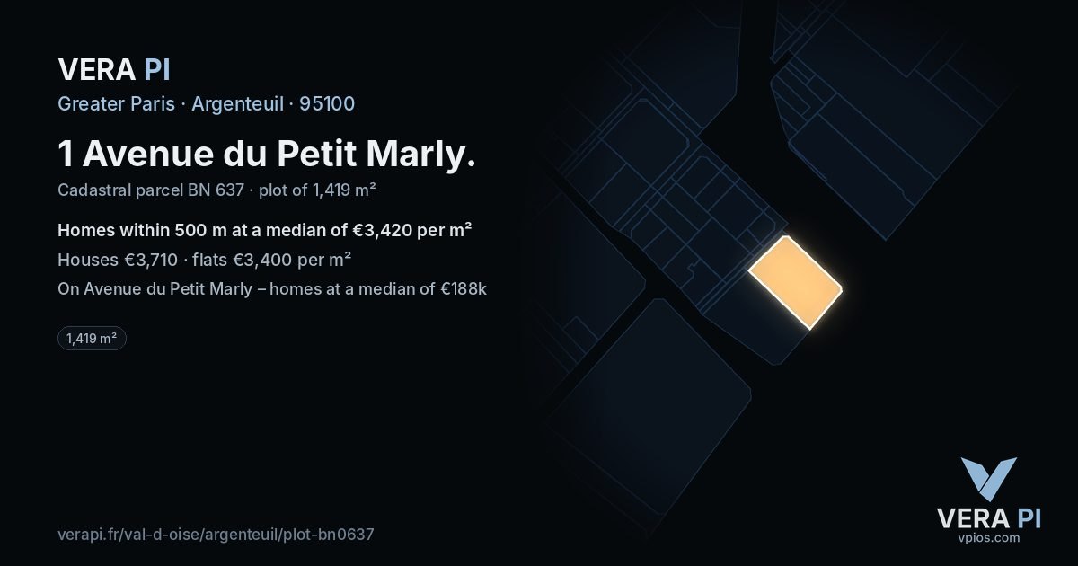 1 Avenue du Petit Marly, Argenteuil at night – the plot lit, the parcels around coloured by the prices near them
