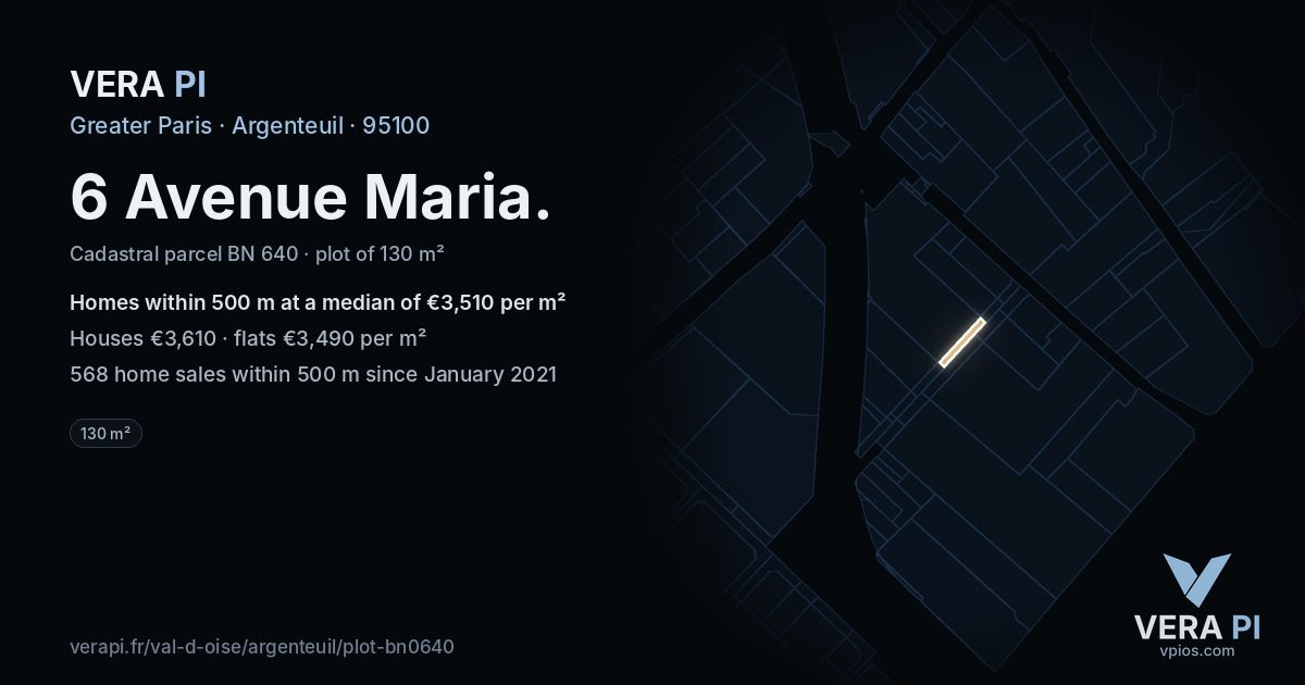 6 Avenue Maria, Argenteuil at night – the plot lit, the parcels around coloured by the prices near them