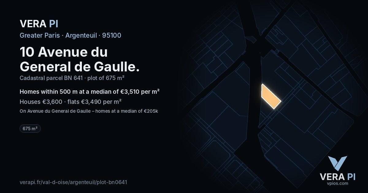 10 Avenue du General de Gaulle, Argenteuil at night – the plot lit, the parcels around coloured by the prices near them