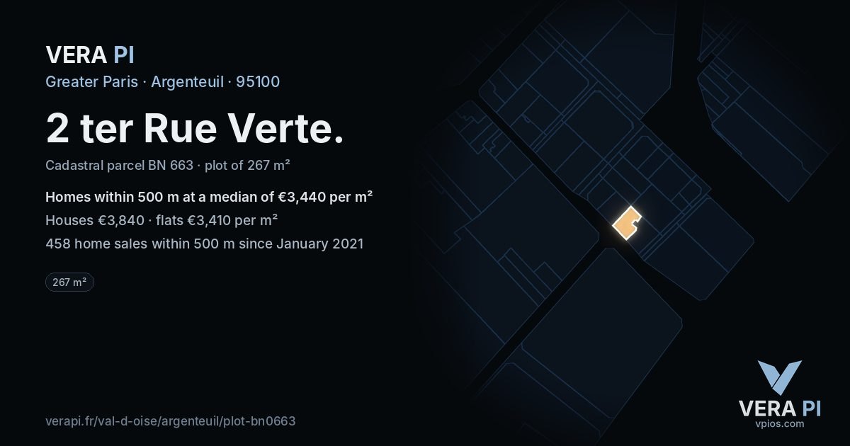 2 ter Rue Verte, Argenteuil at night – the plot lit, the parcels around coloured by the prices near them