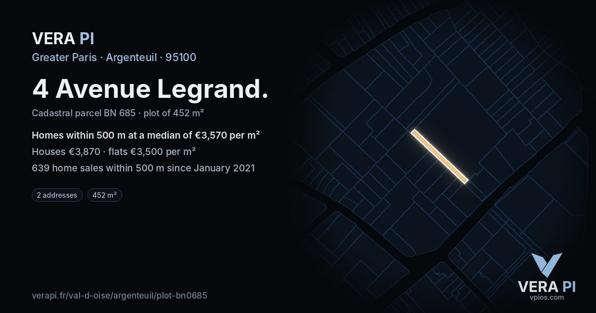 4 Avenue Legrand, Argenteuil at night – the plot lit, the parcels around coloured by the prices near them