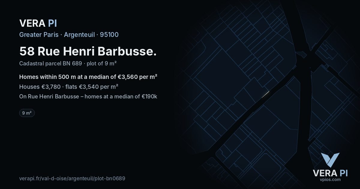 58 Rue Henri Barbusse, Argenteuil at night – the plot lit, the parcels around coloured by the prices near them
