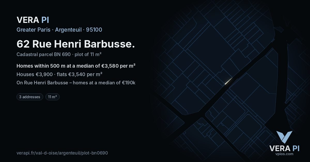 62 Rue Henri Barbusse, Argenteuil at night – the plot lit, the parcels around coloured by the prices near them