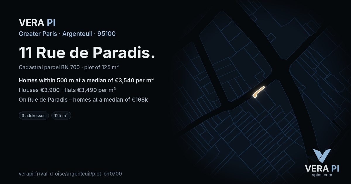 11 Rue de Paradis, Argenteuil at night – the plot lit, the parcels around coloured by the prices near them