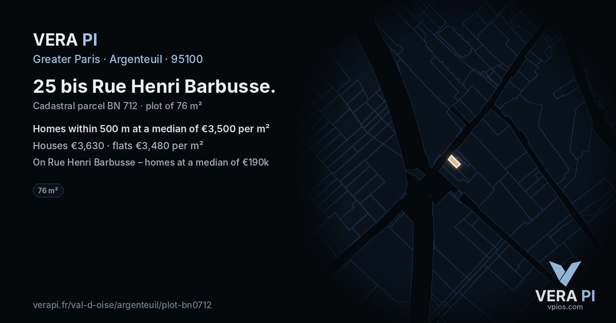 25 bis Rue Henri Barbusse, Argenteuil at night – the plot lit, the parcels around coloured by the prices near them