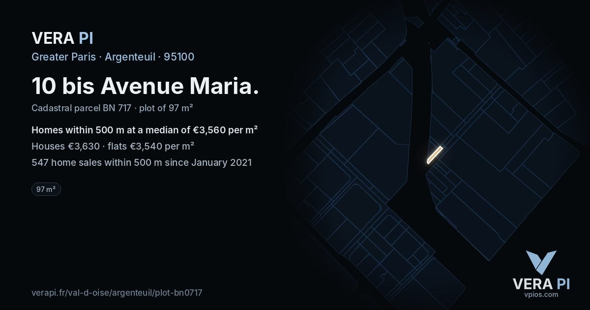 10 bis Avenue Maria, Argenteuil at night – the plot lit, the parcels around coloured by the prices near them