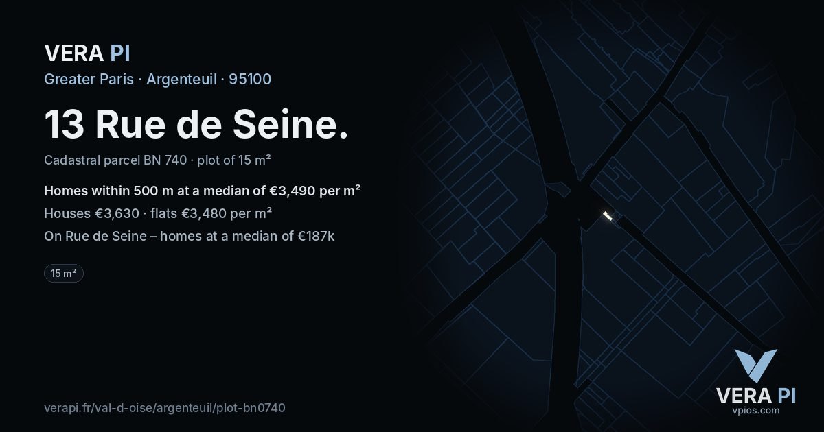 13 Rue de Seine, Argenteuil at night – the plot lit, the parcels around coloured by the prices near them