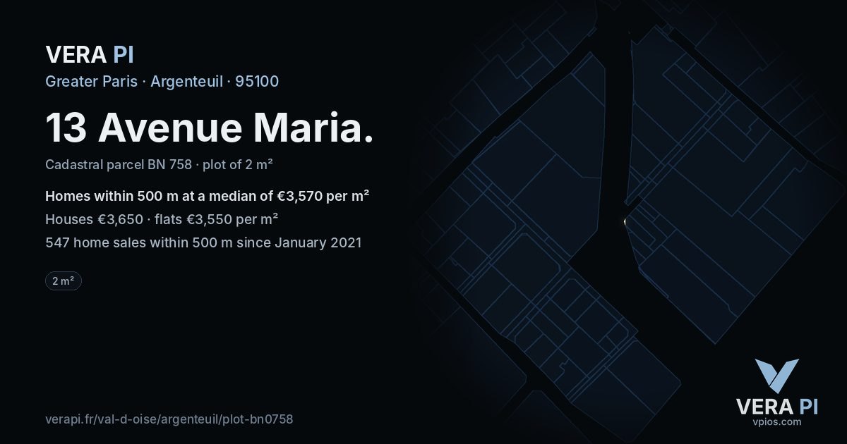 13 Avenue Maria, Argenteuil at night – the plot lit, the parcels around coloured by the prices near them