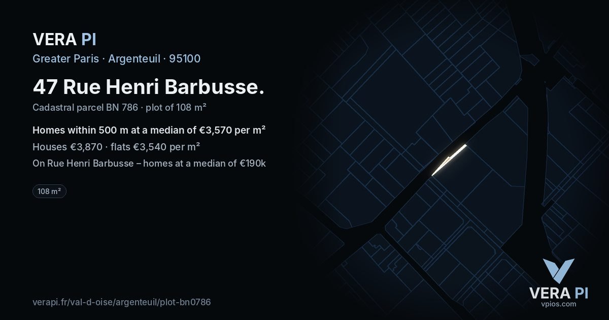 47 Rue Henri Barbusse, Argenteuil at night – the plot lit, the parcels around coloured by the prices near them