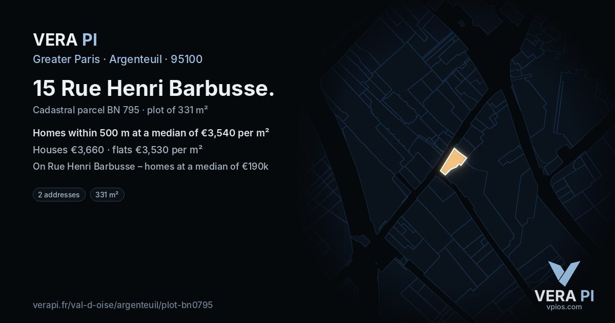 15 Rue Henri Barbusse, Argenteuil at night – the plot lit, the parcels around coloured by the prices near them
