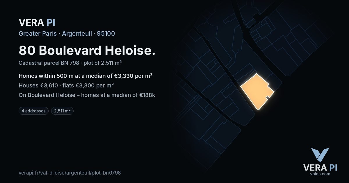 80 Boulevard Heloise, Argenteuil at night – the plot lit, the parcels around coloured by the prices near them