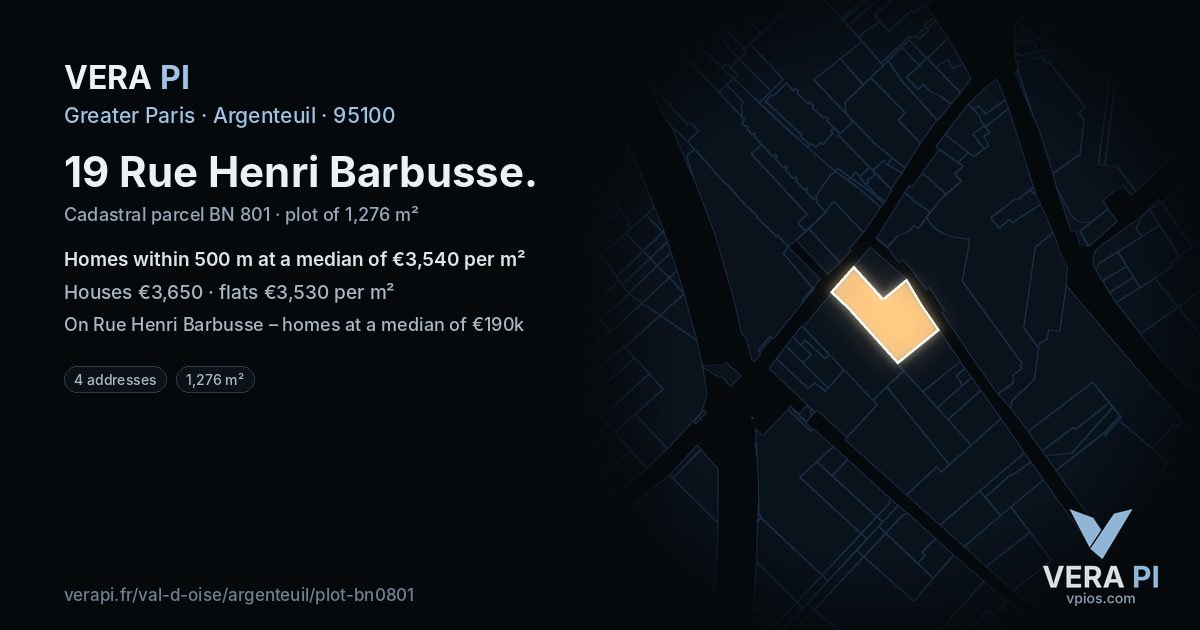 19 Rue Henri Barbusse, Argenteuil at night – the plot lit, the parcels around coloured by the prices near them