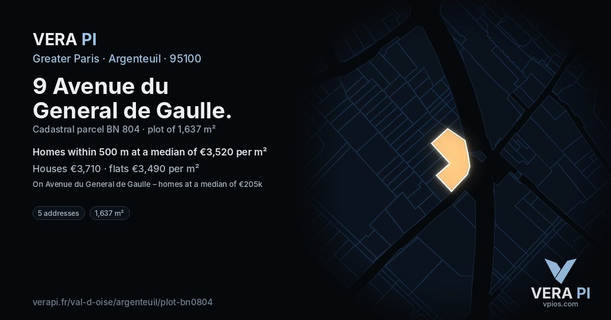 9 Avenue du General de Gaulle, Argenteuil at night – the plot lit, the parcels around coloured by the prices near them