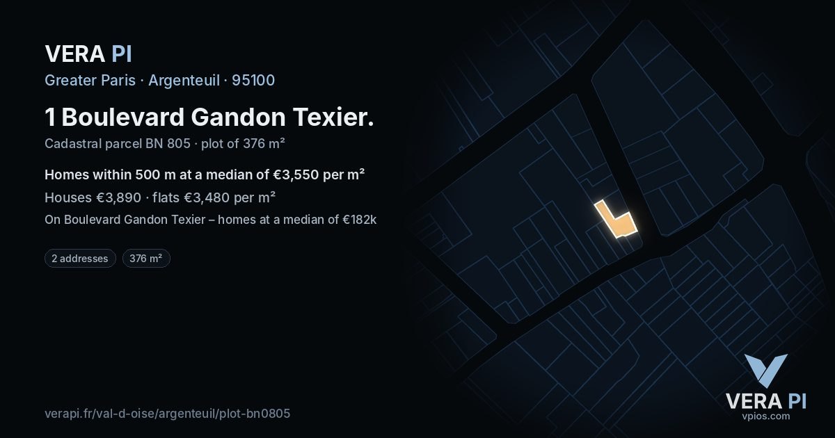 1 Boulevard Gandon Texier, Argenteuil at night – the plot lit, the parcels around coloured by the prices near them