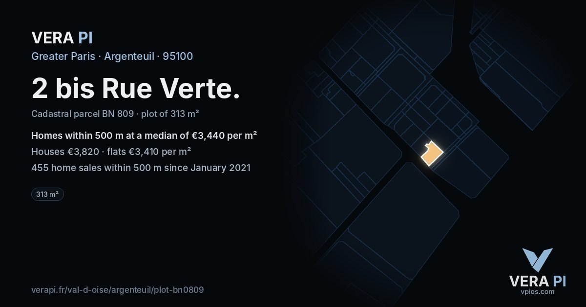2 bis Rue Verte, Argenteuil at night – the plot lit, the parcels around coloured by the prices near them