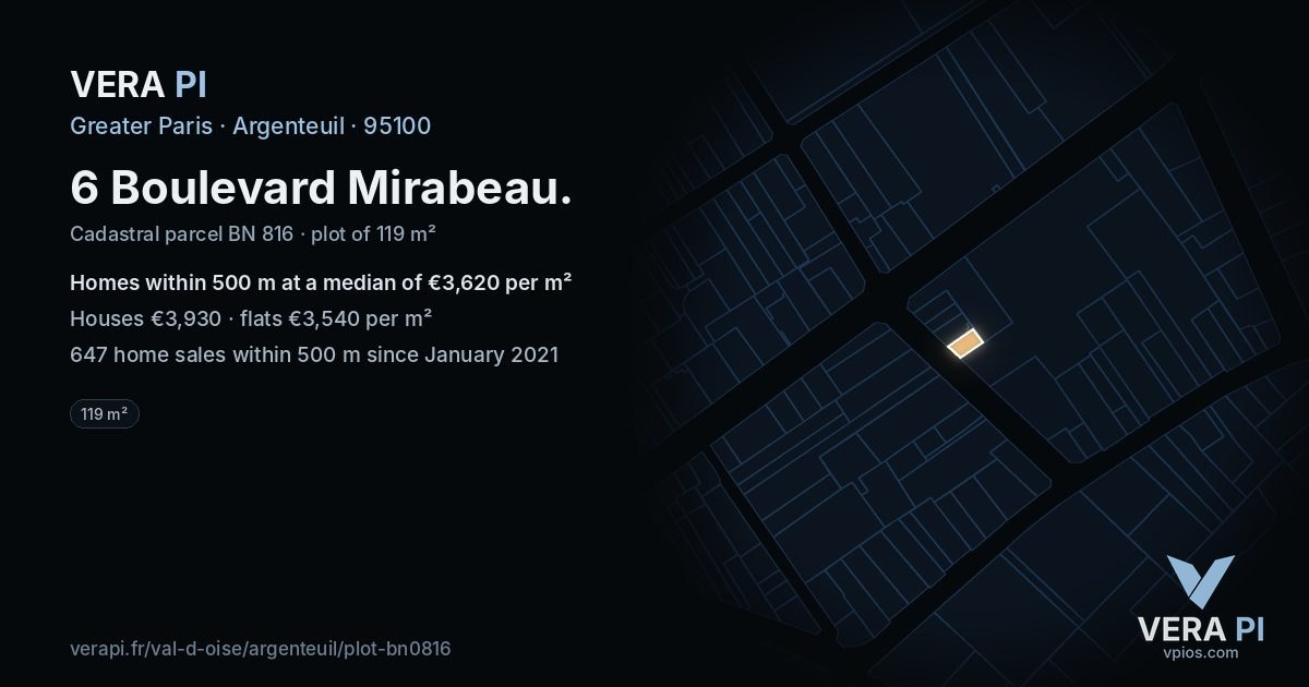 6 Boulevard Mirabeau, Argenteuil at night – the plot lit, the parcels around coloured by the prices near them