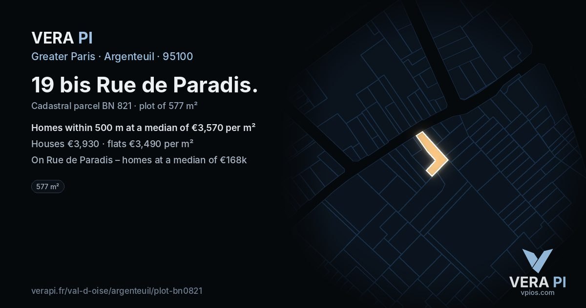 19 bis Rue de Paradis, Argenteuil at night – the plot lit, the parcels around coloured by the prices near them