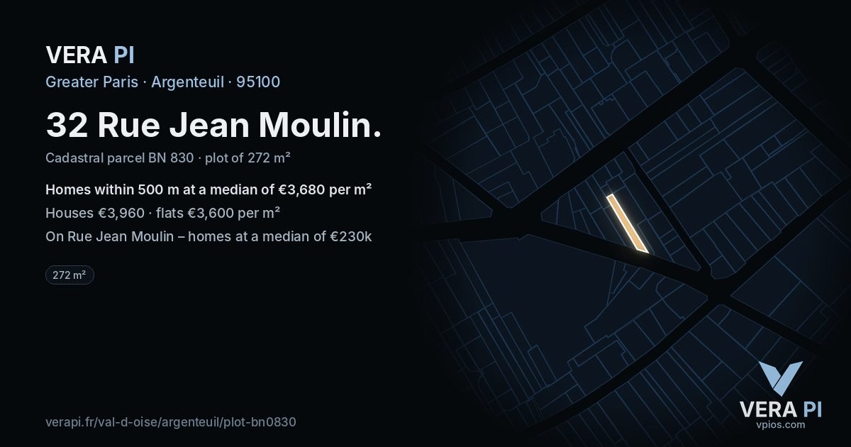 32 Rue Jean Moulin, Argenteuil at night – the plot lit, the parcels around coloured by the prices near them
